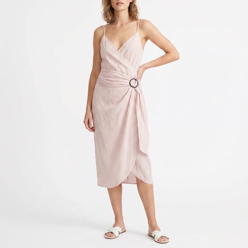 White Closet Pink Pinstripe Wrap Midi Dress Waist Ring Size 10 Australian Design